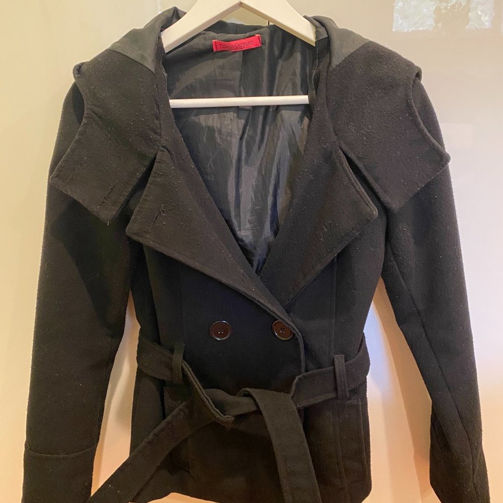 Black peacoat with hood XS